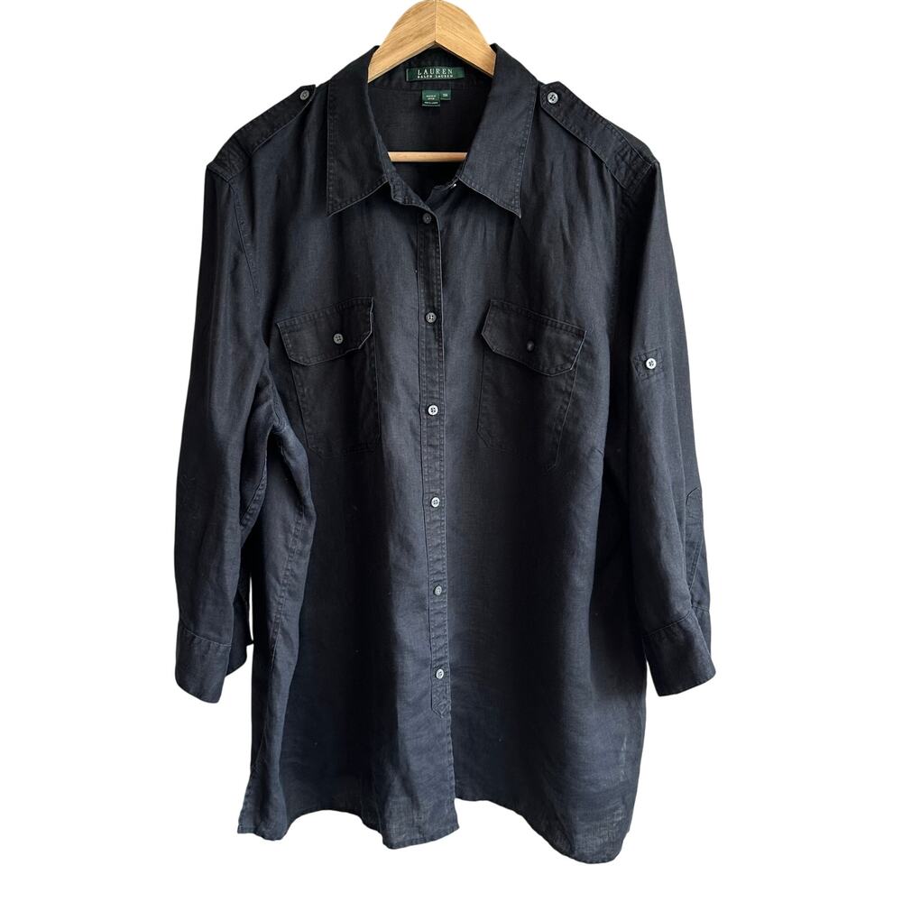 Lauren Ralph Lauren Linen Button Down Roll Tab Blouse Black 18W